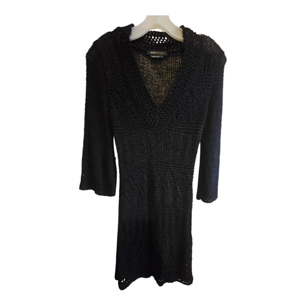 BCBGMAXAZRIA Black Open-Knit Crochet V-Neck Mini Dress
